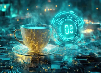 Steaming hot drink in futuristic cup with digital timer showing 02 seconds.