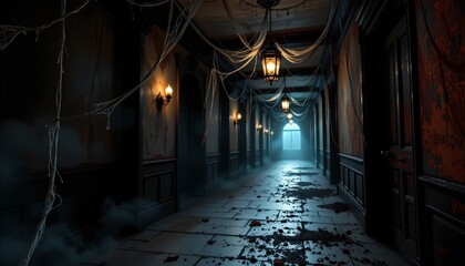 Fototapeta premium A dark hallway with a high ceiling, illuminated by spooky, moody lighting. Strings of lights hang from above, casting eerie shadows on the walls