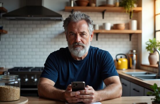 A mature man with gray hair and beard using a smartphone in a modern kitchen