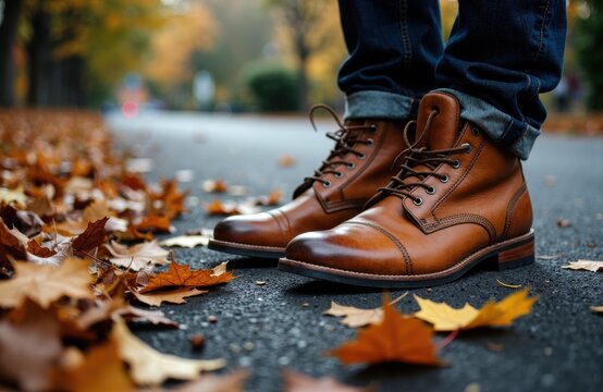Men's brown leather boots standing on an autumn street with fallen leaves