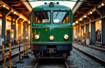 Obraz premium A vintage green train moving along railway tracks in an industrial station setting