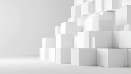 Abstract white cube composition.  A minimalist, 3D arrangement of many stacked white cubes creates a textured, geometric form