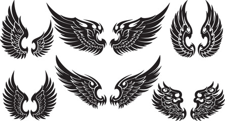 A dynamic collection of stylized wing illustrations, presented in a striking black and white aesthetic, ideal for graphic design projects, spiritual symbolism, or as unique decorative elements