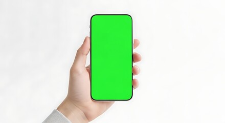 Hand holding a smartphone with a green screen isolated on white background, perfect for app promotion or mobile interface mockups