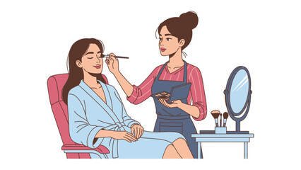 Fototapeta premium Professional makeup artist applying cosmetics to a young woman s face while she sits comfortably in a salon chair wearing a robe