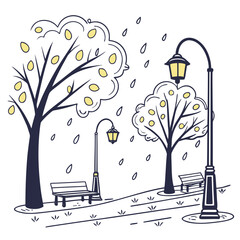Vector art of rainy park scene featuring vintage streetlights, benches, and trees with yellow leaves in a minimalist style, creating a peaceful atmosphere