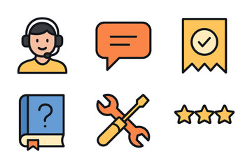 A man in a yellow shirt is wearing headphones and smiling. He is a customer service representative. The image also features a book, a wrench. vector