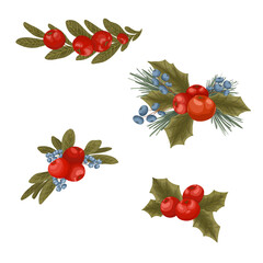 Winter berries and plants with hand drawn texture. Christmas and New Year vector floral elements. Perfect for greeting cards, invitations, wrapping paper, and decorations.