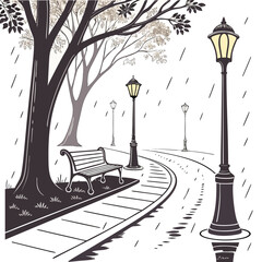 Vector art of a tranquil vector illustration captures a rainy day in the park, featuring a winding path, vintage lampposts, and a solitary bench beneath bare trees