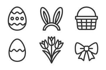 A set of Easter themed icons including a basket, a flower, a bow, an egg, and a rabbit. vector