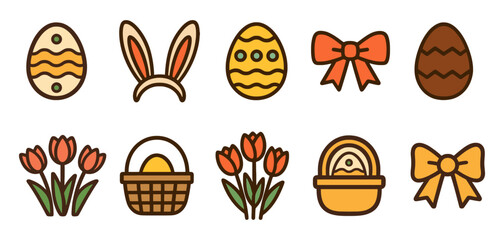 A collection of Easter themed icons, including a bunny hat, a basket, a flower, and a bow. vector