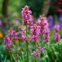 Obraz premium Close-up of vibrant pink flowers in a garden bed. Clusters of blossoms on tall stems. Soft focus on background plants