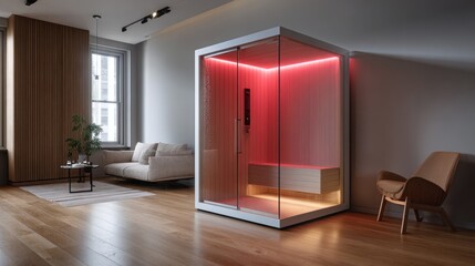 Modern infrared sauna with red LED lighting in a stylish, contemporary living space featuring wooden accents and comfortable seating