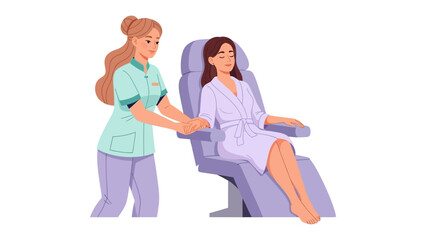 Caring nurse assisting a patient in a comfortable reclining medical chair for treatment or examination
