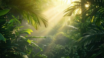 Sunlight shining through dense foliage of jungle with palm trees and tropical plants visible clearly