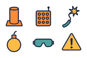 A set of six icons, including a bomb, a cell phone, and a fire extinguisher, are displayed in a row. vector