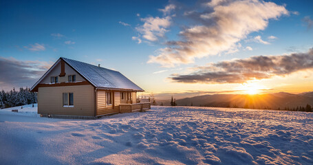 Snowy forest cabin, wooden house covered in fresh snow, sunlight shining illuminating through pine trees. Royalty high-quality free best stock of peaceful landscape in sunny day. Generative AI