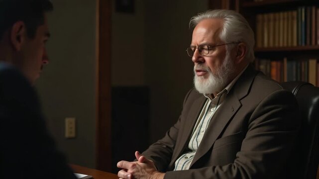Timeless Wisdom: Capturing a Father's Reflective Moments and Thoughtful Guidance in a Classic Family Study Setting - Stock Photo Concept with Empty Space for Text