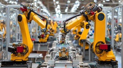 Fototapeta premium Automated robotic arms meticulously assemble components on a modern production line, showcasing the precision and efficiency of industrial automation in manufacturing.