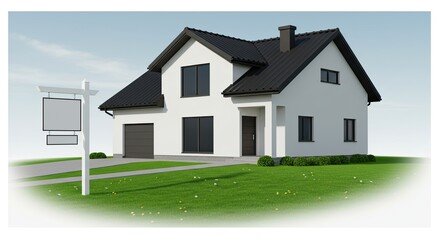 Modern Two Story House for Sale with Attached Garage and Lush Green Lawn under a Partly Cloudy Sky