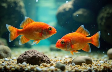 Fototapeta premium Colorful goldfish swimming in an aquarium with rocks and gravel