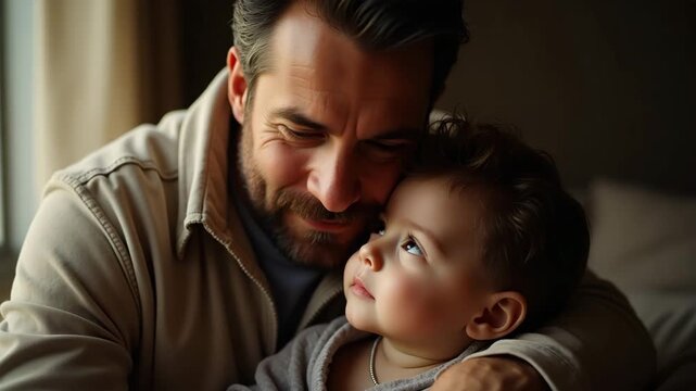 Profound Dad Love: Emotive Portraits Showcasing Unwavering Devotion and Paternal Warmth in Refined Contexts - Photo Stock Concept with Empty Space