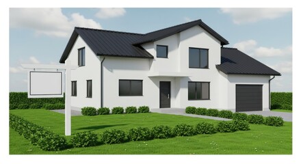 Modern Two Story House with Black Roof and White Walls Daytime Exterior View