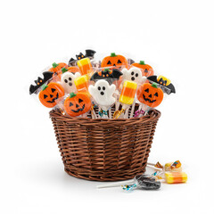 Halloween Treats Basket with Black and Orange Candies and Lollipops