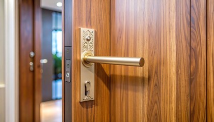 Obraz premium Wooden door with gold handle