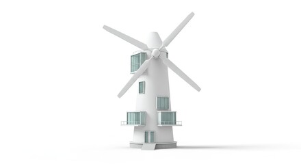 Modern White Windmill Architectural Design Model on White Background Clean Minimalist 3D Rendering Illustration for Renewable Energy Sustainable