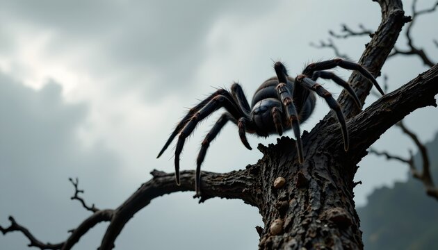 A large spider positioned in front of a tree with bare branches against a cloudy sky.