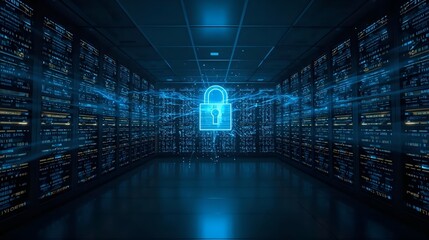 Conceptual visualisation of cybersecurity with glowing padlock in dark server room