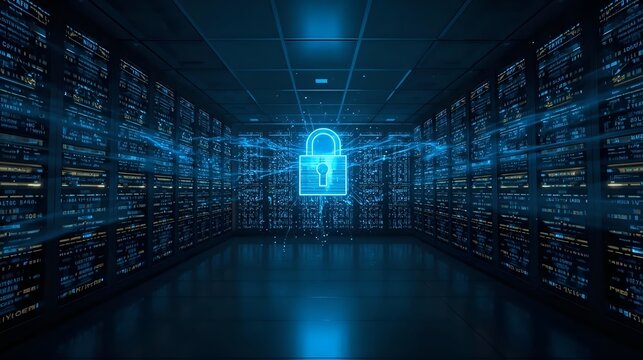 Conceptual visualisation of cybersecurity with glowing padlock in dark server room