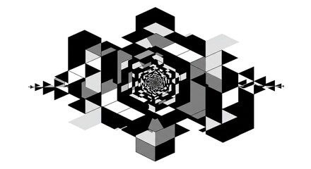 Monochromatic Geometric Abstract Design Featuring Interlocking Cubes and Triangles on White Background, Highlighting Depth and Perspective Through
