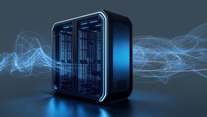 Futuristic Server Rack with Blue Data Flow and Sleek Metallic Surface