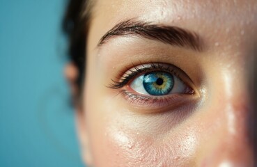 Close-up of a woman's eye with blue iris and detailed skin texture