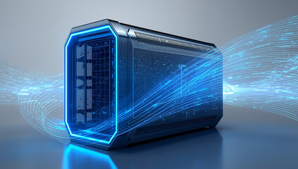 Abstract Futuristic Server Rack with Dynamic Blue Light Streaks and Reflection
