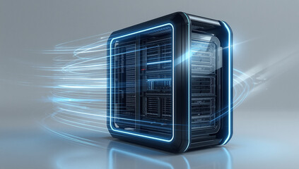 Abstract Futuristic Server Rack with Luminous Blue Lines and Data Transmission
