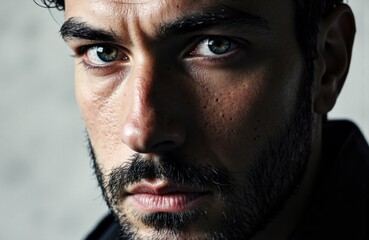 Fototapeta premium Intense close-up of a man's face highlighting piercing eyes and facial features
