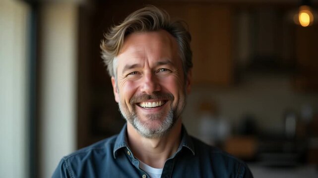 Candid Father Portrait: Genuine Smiles, Refined Lighting & Artistic Composition Reflecting Joyful Family Influence - Photo Stock Concept with Empty Space