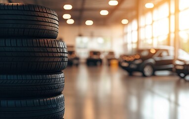 Stack of new tires in a bright car showroom.