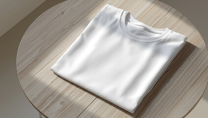 Simple Mockup of a White T-shirt, Neatly Folded on a Round Table
