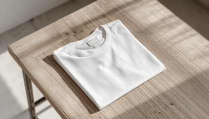 Crisp Folded White T-shirt Mockup on a Wooden Desk with Side Lighting