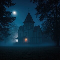 Mysterious Dark Mansion on Foggy Night Illuminated by Moon Light Surrounded by Trees