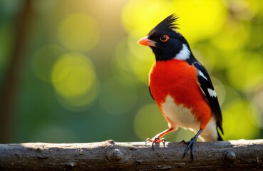 Fototapeta premium Bright male oriole perched on a branch with blurred green background and natural lighting