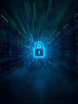 Conceptual visualisation of cybersecurity with glowing padlock in dark server room