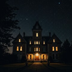 Mysterious Victorian Mansion at Night Under a Starry Sky: A Dark and Eerie Night Scene Featuring a Large Stone House with Illuminated Windows, a