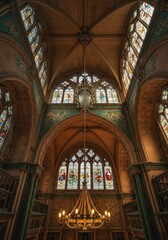 Obraz premium Ornate interior with stained glass windows and a golden chandelier.