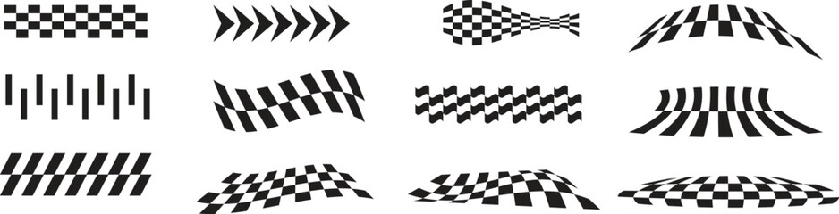 Abstract wave checkered pattern set with black optical designs, distorted geometric textures, modern digital backgrounds, creative decorative elements, and stylish graphic artwork.