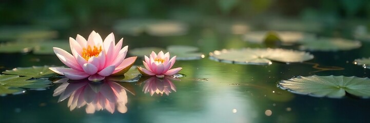 Serene water lilies floating on a calm pond, sunlight dappling the surface Perfect for spa, wellness, and nature themes Ideal for relaxation and tranquility imagery , relaxing, lake